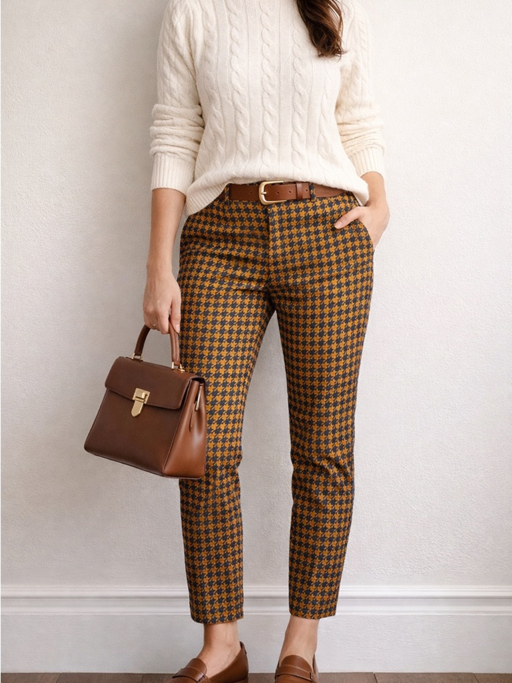 Old Navy Pixie Pants Size 8 Houndstooth Orange Navy Slim Ankle Preppy